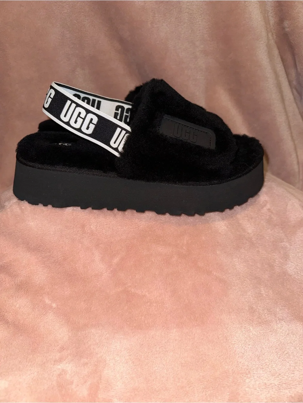 UGG Black Fuzz Platform Slingback Sandals